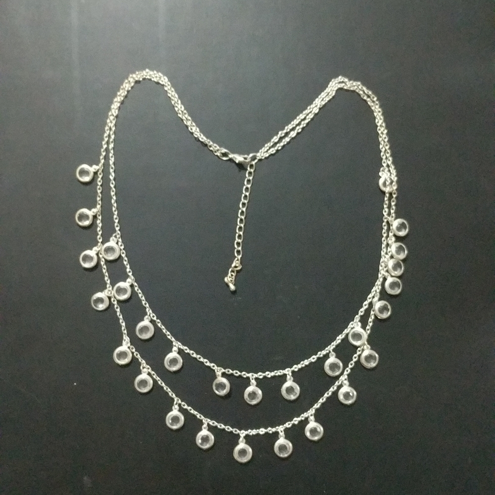 Silver Tone Clear Crystal Double Strand Layered Statement Necklace